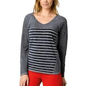 Prana Stripe Jaime Long Sleeve Grey Black V Neck Top Size Small Gorpcore Grunge